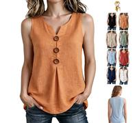 Three Button Sleeveless Solid Color Tank Top,V Neck Button Sleeveless Shirt