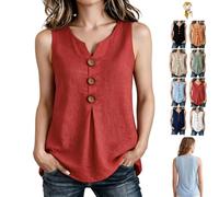 Three Button Sleeveless Solid Color Tank Top,V Neck Button Sleeveless Shirt