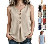 Three Button Sleeveless Solid Color Tank Top,V Neck Button Sleeveless Shirt