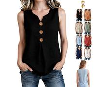 Three Button Sleeveless Solid Color Tank Top,V Neck Button Sleeveless Shirt