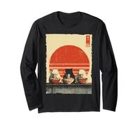 Three Cats Ramen Divertido Estético Japonés Ukiyo-e Anime Cat Manga Larga