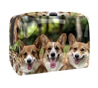 Three Corgis on Lawn - Bolsa de cosméticos para mujer, neceser de viaje, grande, de PVC, organizador de maquillaje con cremallera, multicolor, 18.5x7.5x13cm/7.3x3x5.1in, Neceser