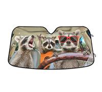 Three Funny Raccoon Front Windshield Sun Shade for SUV Trucks Car, Music Animals Trip Accordion Folding Auto Front Window Sunshade Visor Shield Cover Protector 55x27.6 Inch