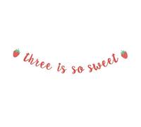 Three is So Sweet Banner Happy 3rd Birthday Garland Berry Theme Baby Girl Bday Party Decor Red Glitter Paper Party Sign