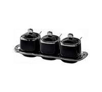 Three-Piece Ceramic Spice Container Set with Spoon, Lid, and Tray for Sugar, Pepper, Coffee, Salt, and Spices - Suitable for a Brand (Black)