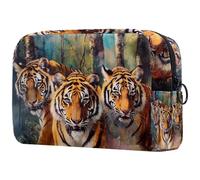 Three Tigers on Forest - Bolsa de cosméticos para mujer, neceser de viaje, bolsa organizadora de maquillaje grande con cremallera, multicolor, 18.5x7.5x13cm/7.3x3x5.1in, Neceser