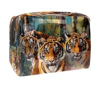 Three Tigers on Forest - Neceser para mujer, neceser de viaje, de PVC, organizador de maquillaje con cremallera, multicolor, 18.5x7.5x13cm/7.3x3x5.1in, Neceser