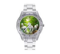 Three White Horses Green Forests - Reloj de pulsera para hombre, de acero inoxidable, fácil de leer, para mujer