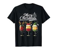 Three Wine Glasses Merry Christmas Reindeer Santa Elf Xmas Camiseta