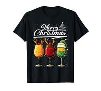Three Wine Glasses Merry Christmas Reindeer Santa Elf Xmas Camiseta