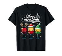 Three Wine Glasses Merry Christmas Reindeer Santa Elf Xmas Camiseta