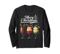 Three Wine Glasses Merry Christmas Reindeer Santa Elf Xmas Manga Larga
