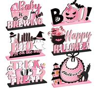 Threehoney 6 piezas de centros de mesa de Halloween con texto en inglés "A Little Boo is Almost Due Baby Shower", color rosa, decoración de mesa de Halloween para revelación de género, fiesta de