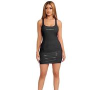 THSCWY Vestido de fiesta de látex de piel sintética para mujer, sexy, cuello redondo, de piel sintética, mini vestidos ajustados para mujer, Negro, XL