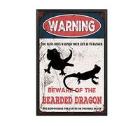 THUANCKY Letrero de estaño vintage con texto en inglés "Beware of the Bearded Dragon", letrero de metal de advertencia para el hogar, bar, café, decoración de pared, 8 x 12 pulgadas, marco de metal