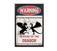 THUANCKY Letrero de estaño vintage con texto en inglés "Beware of the Dragon", letrero de metal de advertencia para el hogar, bar, café, decoración de pared, 8 x 12 pulgadas, marco de metal