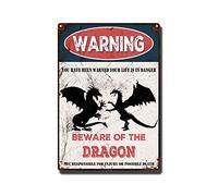 THUANCKY Letrero de lata vintage con texto en inglés "Beware of the Dragon", letrero de metal de advertencia para el hogar, bar, café, decoración de pared, 8 x 12 pulgadas, letrero de lata