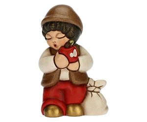 THUN - Belén 2022 - Figura Belén Niño con Manzana de cerámica Decorada a Mano, versión Vestido Rojo - Línea Belén Clásico - 4,3 x 3 x 6,5 cm h