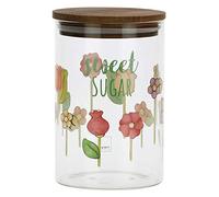 THUN, Bote para azúcar de cristal decorado con motivos florales y tapón de madera de acacia, línea Happy Country, diámetro 10 cm, 15 cm h, 900 ml