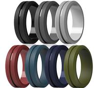 ThunderFit Anillos de boda de silicona para hombre, 7 anillos, 4 anillos, 1 anillo cepillado en la parte superior media grabada, bandas de compromiso de goma, 8,2 mm de ancho y 2,5 mm de grosor, 6.5 - 7 (17.35mm), Silicona