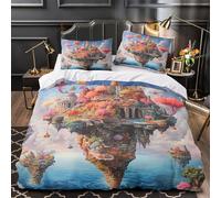 THVBFLVBH Isla de fantasía 3D Impresión Funda de edredón 3pz Microfibra Lavable Castillo Flotante mágico Edredón Funda 2 Fundas antidesvanecimiento Decoración Familia Super King（260x220cm）