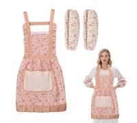 THXFUNAREA Delantal de Cocina Rosa con Estampado Floral y Mangas Protectoras - Conjunto de Delantal y Manguitos, Estilo Dulce y Vintage, para Cocinar, Repostería, Jardinería y Tareas del Hogar