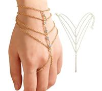 THXFUNAREA Pulsera de Mano Dorada con Anillo - Joyería para Disfraz de Adivina, Accesorio Oriental de Las Mil y Una Noches para Carnaval y Estilo Boho Vintage