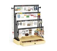 THYGIFTREE Soporte para pendientes de 4 niveles, con 140 agujeros, con cajón, almacenamiento de joyas, organizador de joyas para pendientes, pendientes de aro y cadenas, estilo vintage (color madera)