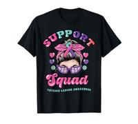 Thyroid Cancer Support Squad Messy Bun Wear Pink Teal Ribbon Camiseta