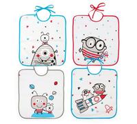 Ti TIN Baberos guardería grandes 36×33 cm - Pack 4 de rizo algodón suave y absorbente, cierre con cintas, lavables y aptos secadora - Recomendados para escuela infantil y bebés 12+ meses. Estampados