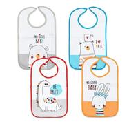Ti TIN Pack 4 Baberos Impermeables para Bebé 6-18 Meses - Rizo de Algodón y Poliéster con Cierre de Velcro - Suaves, Absorbentes y Forro de Vinilo - Lavables y Aptos para Secadora - 23x38 cm