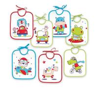 Ti TIN Pack 7 baberos bebé impermeables con rizo de algodón plastificado, forro de vinilo y cierre con cintas. Suaves, absorbentes y fáciles de lavar. Diseños divertidos.