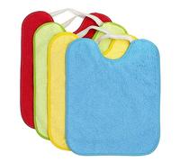 Ti TIN Pack de 4 Baberos con Cierre de Goma Elástica - 90% Rizo de Algodón, Impermeable, Lavable a Máquina, Extra Suaves, Ideal para Guardería, Colores Vivos, 33x27 cm