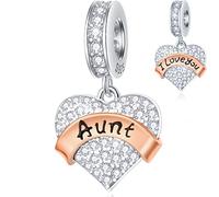 Tía Charms Dangle se adapta pulsera Pandora del día de la madre,I Love You Auntie Beads, colgante de plata de ley 925 Pave Heart CZ con cinta de oro rosa, regalos para sobrina/jubilación/mujer