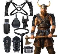 Tianher Set de Disfraz Medieval, 7PCS Ropa Medieval para Hombre y Mujer Disfraz Vikingo con Cinturón Muñequeras Accesorios y Brazaletes Conjunto de Traje Renacentista para Halloween Carnaval Cosplay