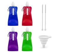 TIANNAIT 4 botellas de agua plegables, bolsa de agua deportiva colorida con clip, embudo y cepillo, bolsa de bebida reutilizable para deportes al aire libre, ciclismo, camping, senderismo, viajes