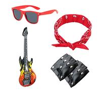 TIANNAIT Kit de fiesta punk rock de 5 piezas, guitarra hinchable, gafas de moda, bandana de hip hop, guantes rave con remaches, accesorios de vestuario disco de los 70s80s90s.