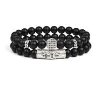 TIANXIAOQWE Juego de 2 pulseras de cuentas de 19 cm y 8 mm para hombres y mujeres, color negro mate, ónix natural, color dorado, Piedra, Cuarzo