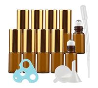 TIANZD 10 Pieza Marrón Botella Roll-on de Vidrio 3ml Botellas de Rodillos de Aceites Esenciales con Tapón de Oro Botellas de Aceites Esenciales y 1 Pipetas, 1 Embudos, 1 Abridor