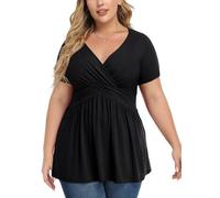 TIANZHU Blusas de talla grande para mujer, camiseta envolvente tipo muñeca suave, blusa elegante con cuello en V, XL-4XL, B01-negro, XXL