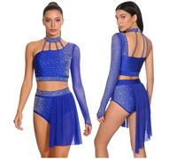 TiaoBug 2 Piezas Traje De Danza Lírica Contemporánea para Mujer Top Corto Brillantes con Falda De Tul Disfraz De Bailarina Azul Real M