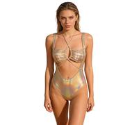 TiaoBug Bañador De Una Pieza para Mujer Traje Baño Un Solo Cuerpo Micro Bikini Metálico Brillante Ajustado Mar Oro M