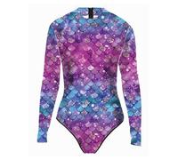 TiaoBug Bañador Mujer de Una Sola Pieza Manga Larga Cuello Alto con Cremallera Espalda Bodys Traje de Baño Natación Estampado Escama de Sirena Talla Grande Azul púrpura A L