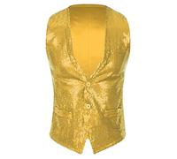 TiaoBug Chaleco de Cuello V con Lentejuelas Brillos Hombres para Boda Actuación Chleco Simple sin Mangas Slim Fit Suit Formal Separado T Dorado 3XL