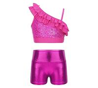 TiaoBug Chándal de Baile Moderno para Niñas Conjunto Deportivo de Brillante Crop Top Corto con Pantalones Corto Deporte Elástico Leggings Cortos E Rosa Caliente 5-6 años
