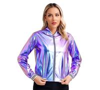 TiaoBug Chaqueta Bomber Brillante Holográfica Metálica Para Mujer Abrigo Manga Larga Con Cremallera Chaqueta De Béisbol Top Para Actuación Fiesta Carnaval Azul S