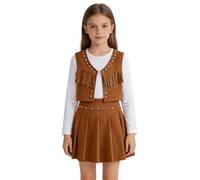 TiaoBug Conjunto De Ropa Para Niña Atuendos 2 Piezas Vaquera Traje Oeste Camisa Occidental Mini Falda Plisada Marrón 7-8 años