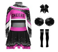 TiaoBug Conjuntos De Animadoras Para Niñas Top De Manga Larga Con Impresión De Letras Con Falda Diadema Calcetines Y Bolas Disfraz Fiesta Carnaval Rosa fuerte y negro 7-8 años