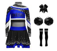 TiaoBug Conjuntos De Animadoras Para Niñas Top De Manga Larga Con Impresión De Letras Con Falda Diadema Calcetines Y Bolas Disfraz Fiesta Carnaval Azul negro 11-12 años