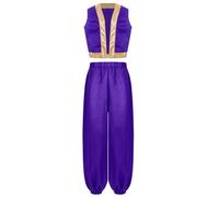TiaoBug Disfraces De Príncipe Aladino Niños Chaleco Delantero Abierto Y Pantalones De Cintura ElásticaTraje Cosplay Actuación Carnaval Morado 15-16 años